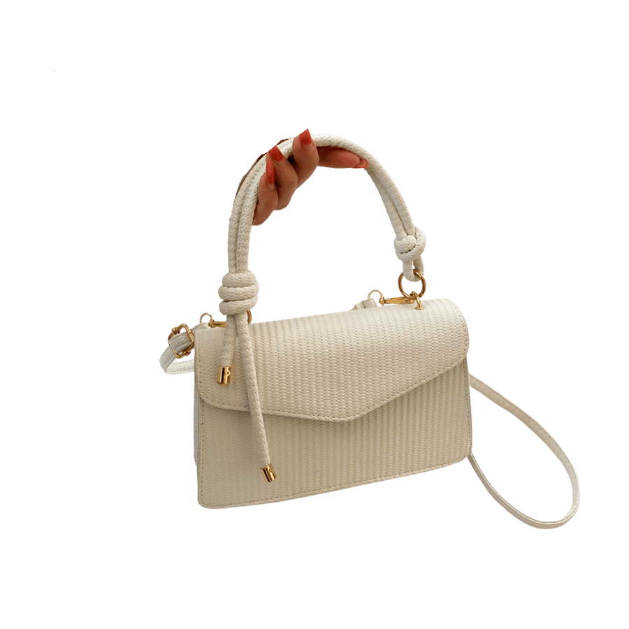 Beige weave PU ladies handbag with knotted handle and magnetic snap closure