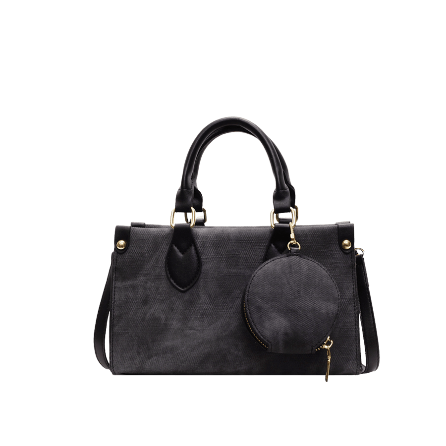 Black denim ladies tote bag with detachable round pouch and black trim PU