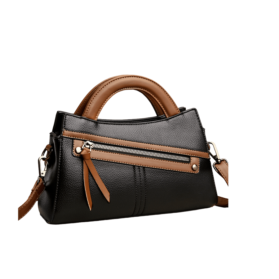 Black pebble PU ladies handbag with front metal zipper pocket and brown trim PU