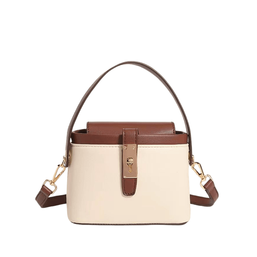 Beige ladies bucket bag with brown trim PU and lock closure