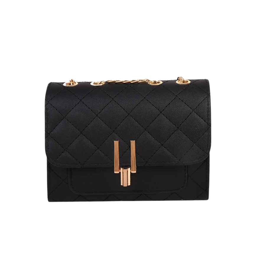 Black quilting ladies handbag with lock closure and chain handle