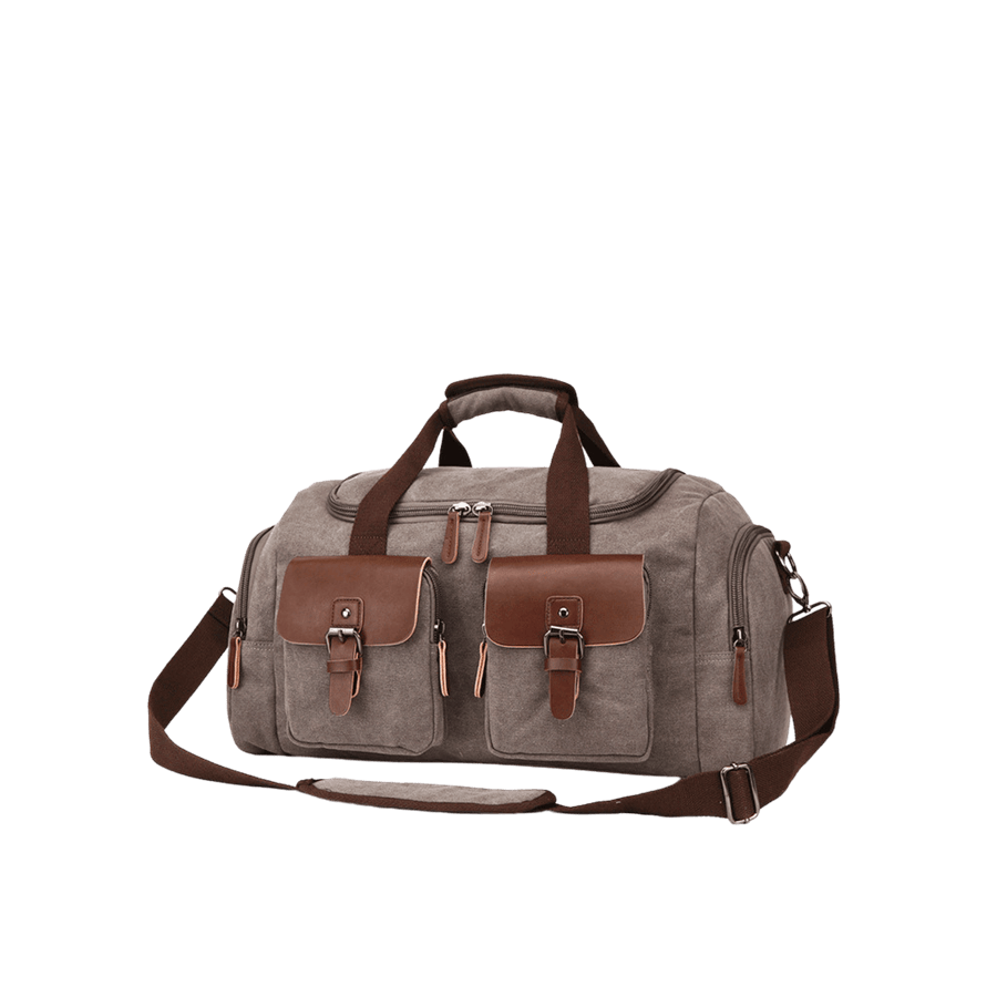 Grey canvas traveling bag with brown trim PU and pockets on the front
