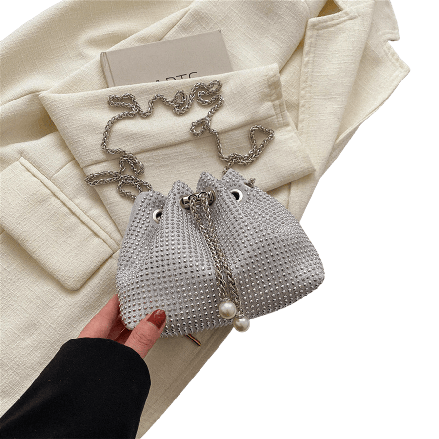 Silver rhineston ladies bucket bag with chain closure and metal stopper