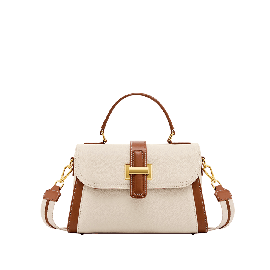 Beige ladies handbag with brown trim PU and metal bridge on the flap