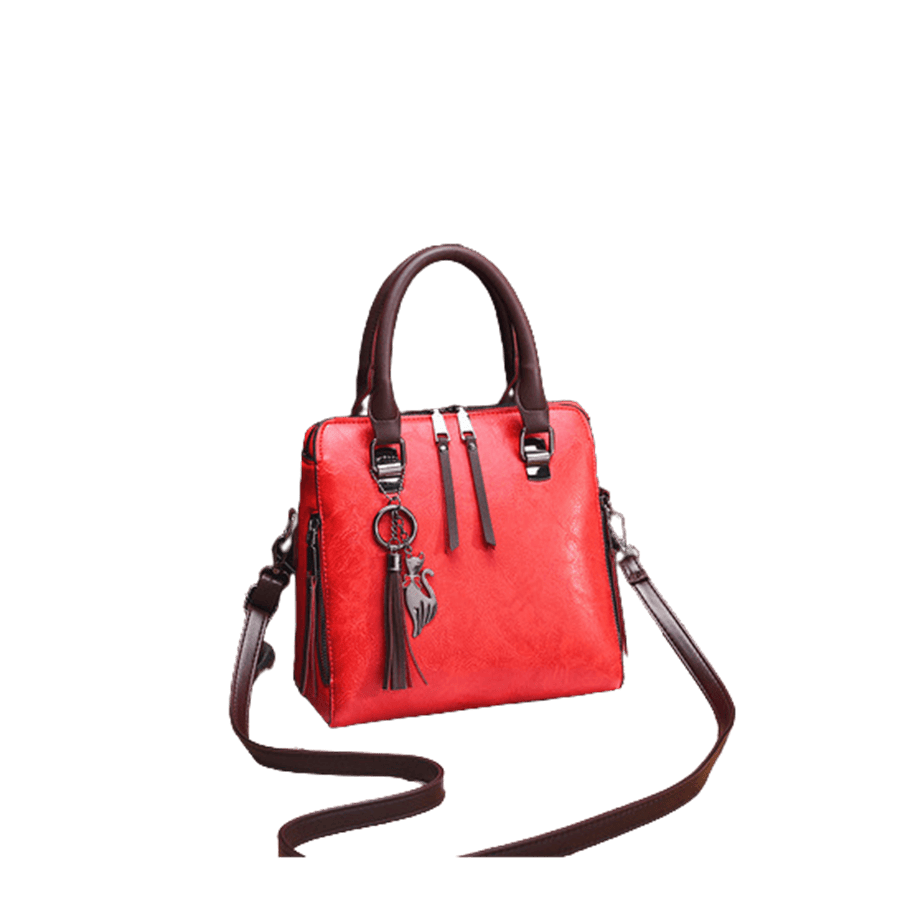 Red ladies tote bag with brown trim PU and PU tassel hangtag