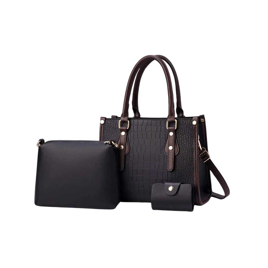 Black croco PU ladies handbag sets with brown trim PU and decorative flat studs