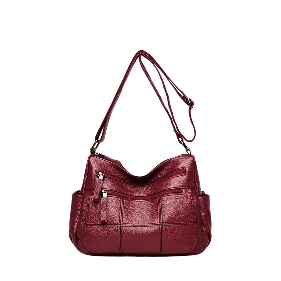 Burgundy splicing ladies hobo bag with zipper pockets on the front and adjustable shoulder strap