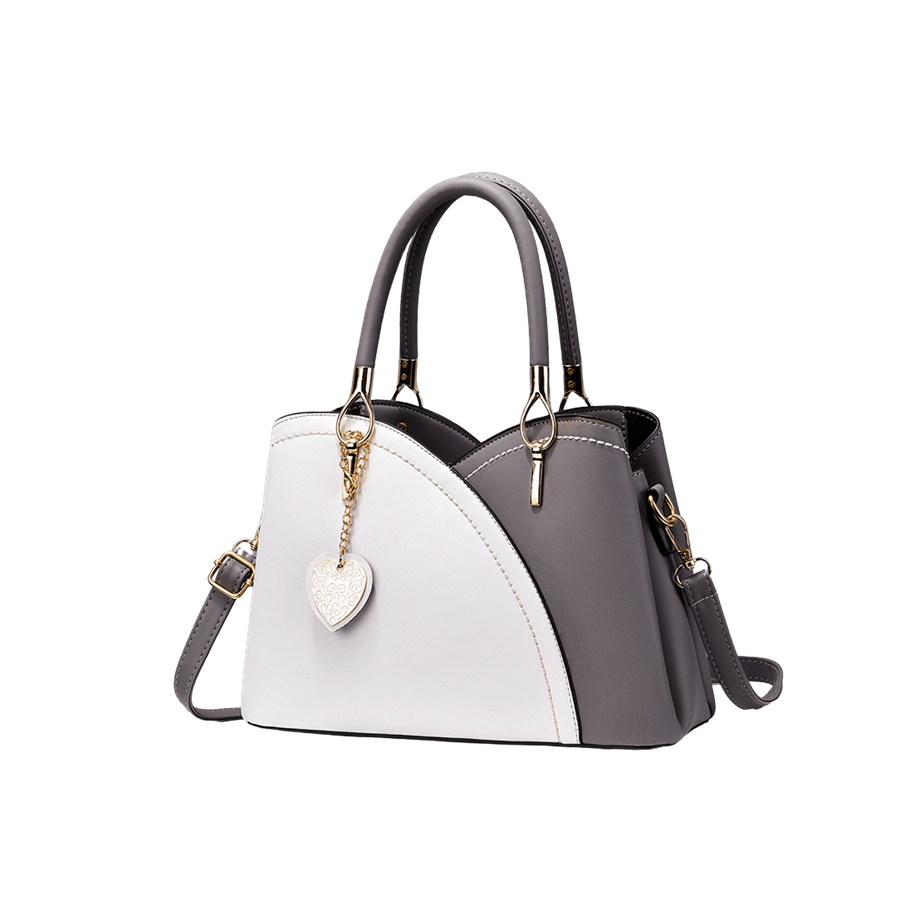 Splicing PU ladies handbag with decorative hangtag and metal tab