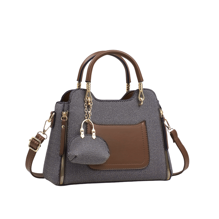Grey twill ladies handbag with detachable small handbag and brown trim PU