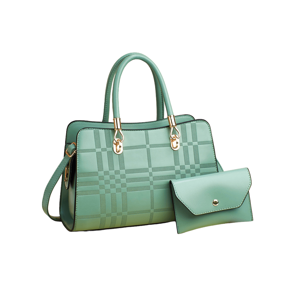 Green embossed ladies handbag sets with metal tab of handle and contrast edge painting