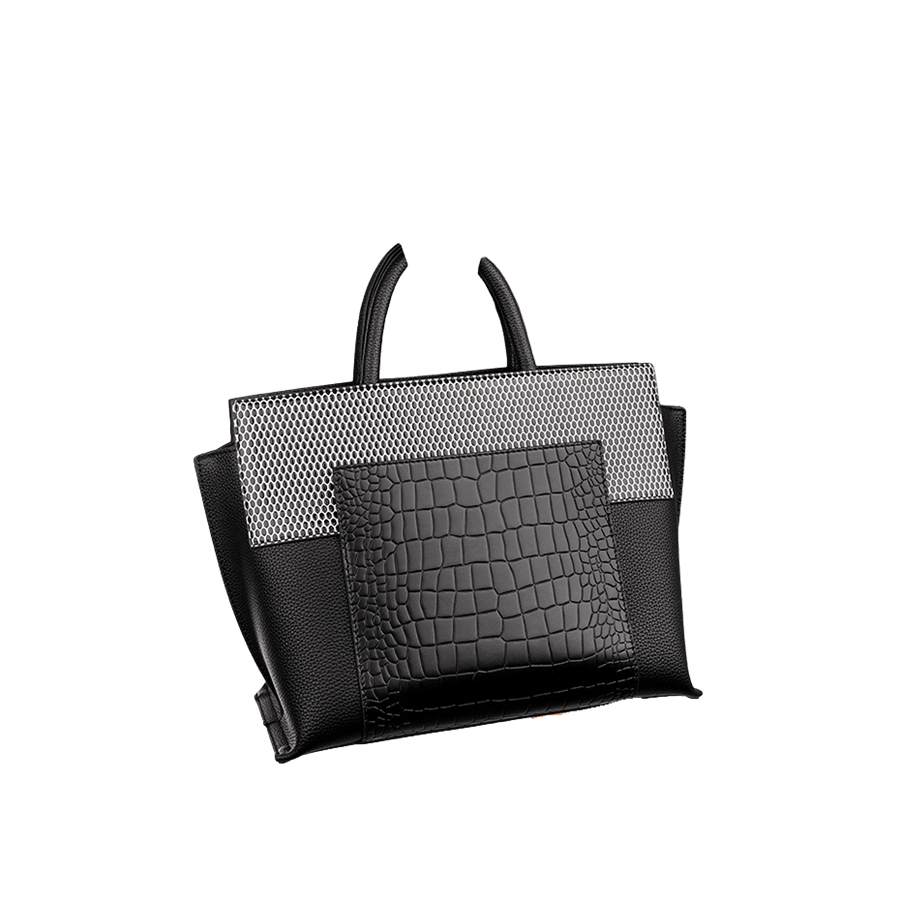 Black pebble PU ladies handbag with croco trim PU and top zip closure