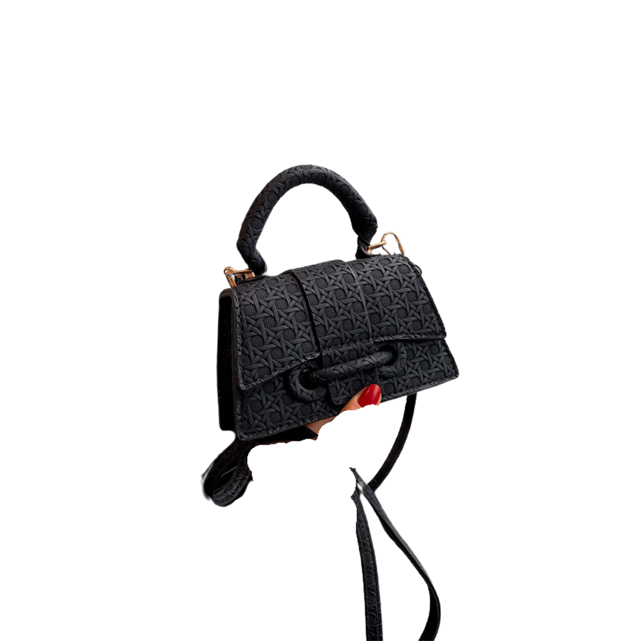 Black weave PU ladies handbag with strap closure and metal bridge on the top