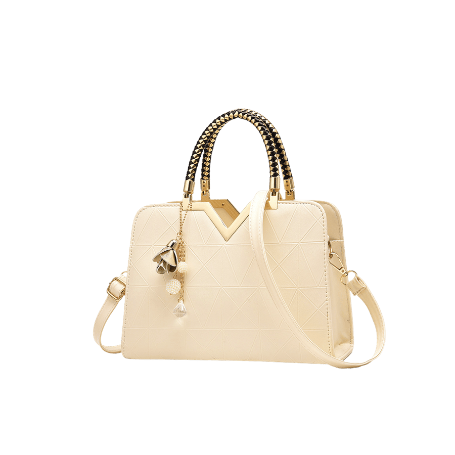 Beige embossed ladies handbag with metal V shape hardware and detachable hangtag