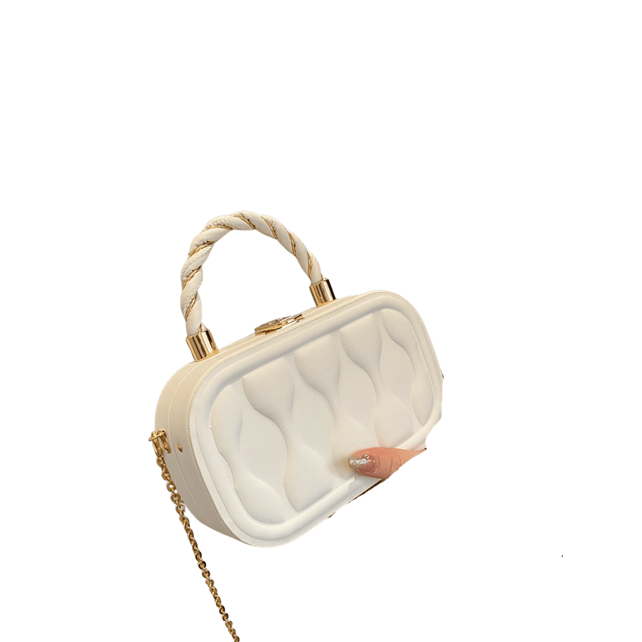 Beige box shape ladies handbag with metal frame and weave handle