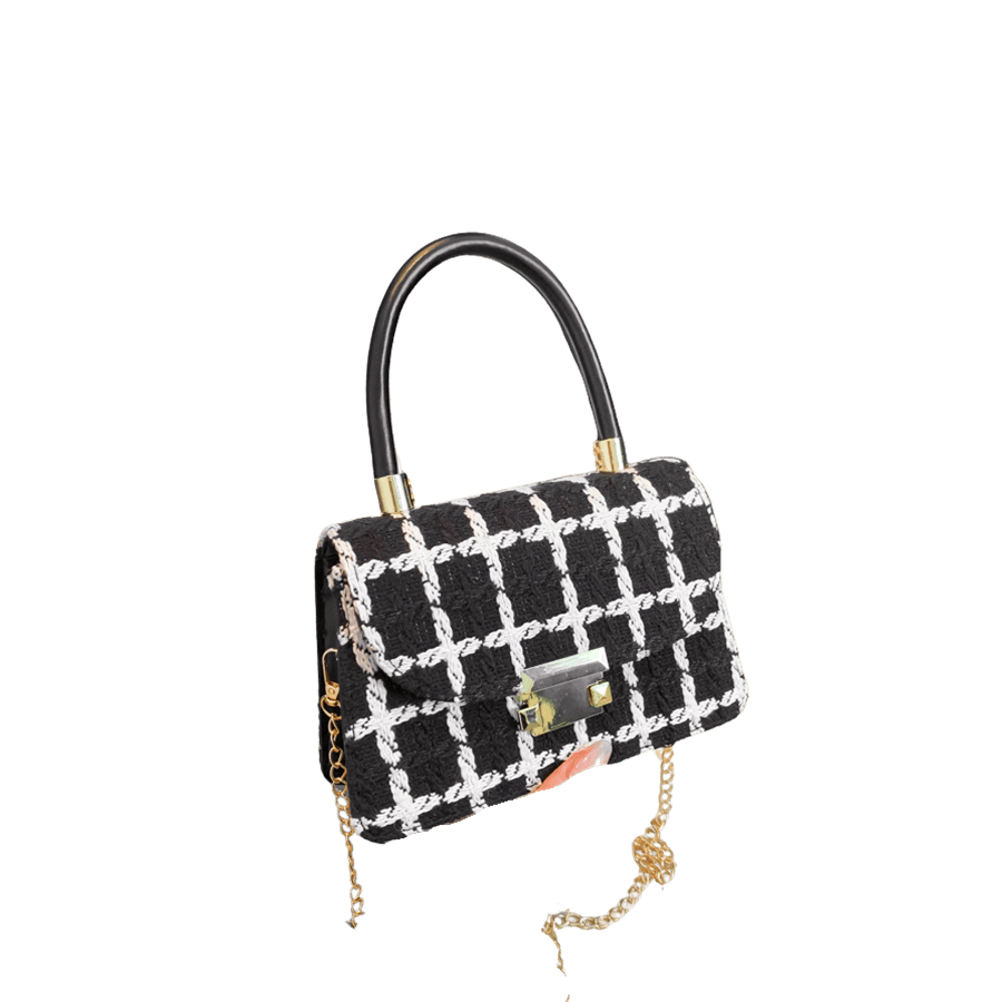Check tweed ladies handbag with black trim PU and lock closure