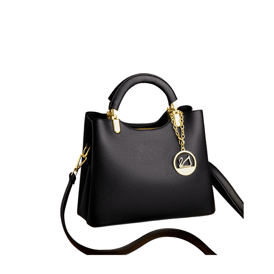 Black pebble PU ladies handbag with metal tab of handle and hangtag