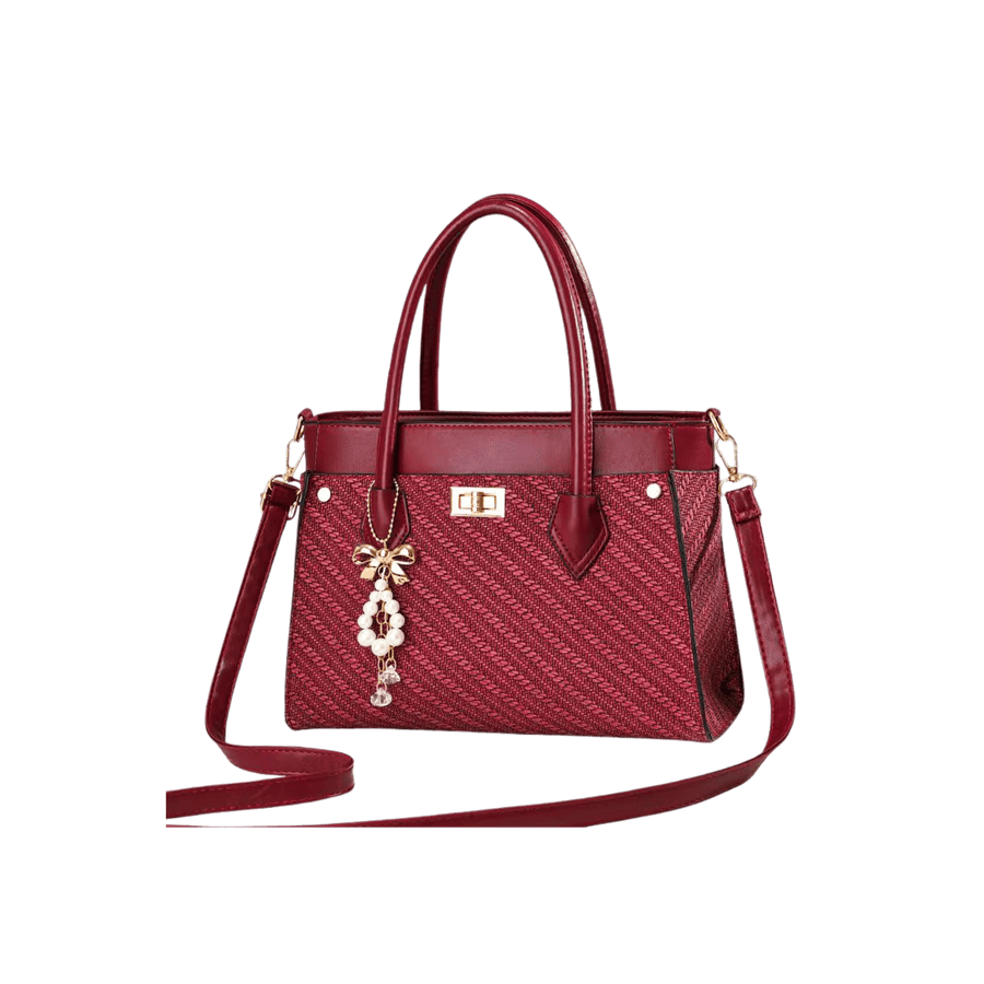 Burgundy twill ladies handbag with decorative lock and detachable metal bowknot hangtag