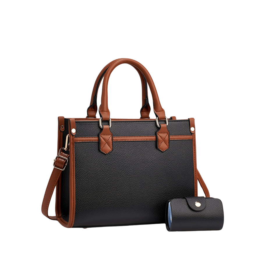 Black pebble PU ladies handbag sets with brown trim PU and decorative flat studs
