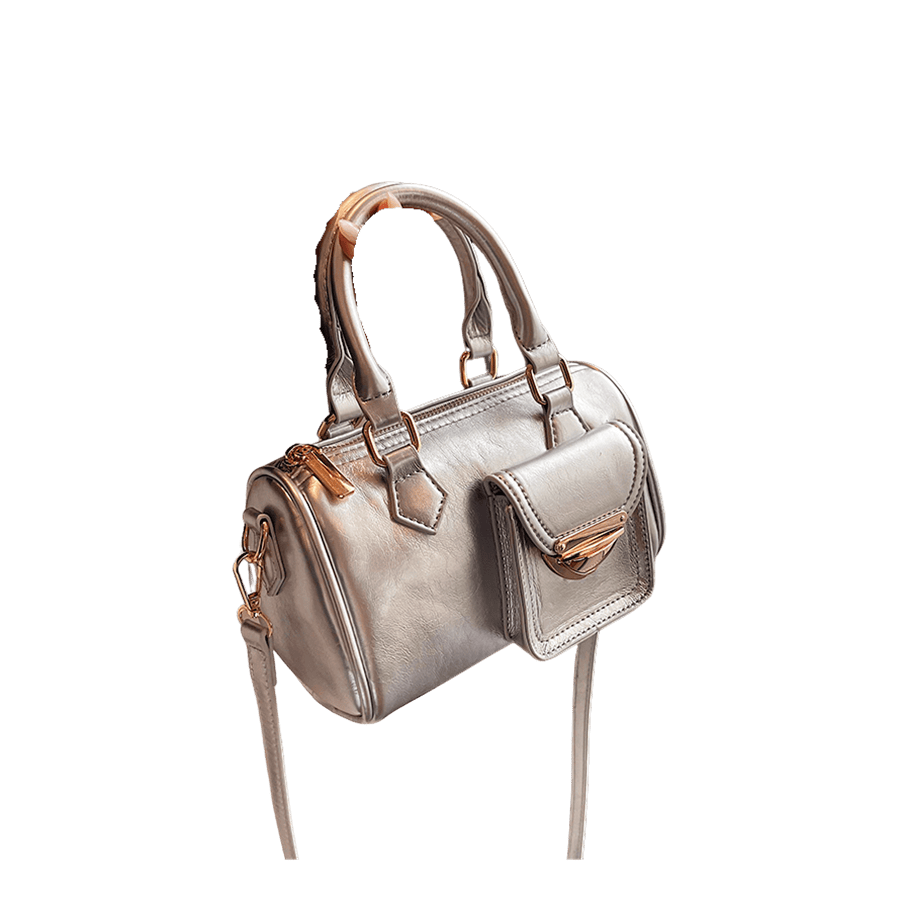 Silver ladies duffel bag with front pocket and top zip closure
