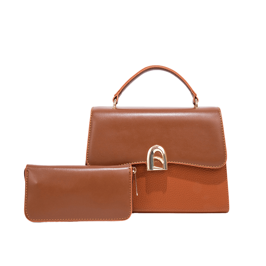 Brown pebble PU ladies handbag sets with decorative hardware and magnetic snap closure