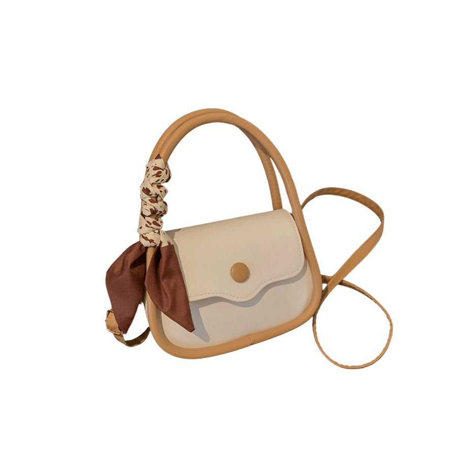 White ladies handbag with beige trim PU and decorative scarf