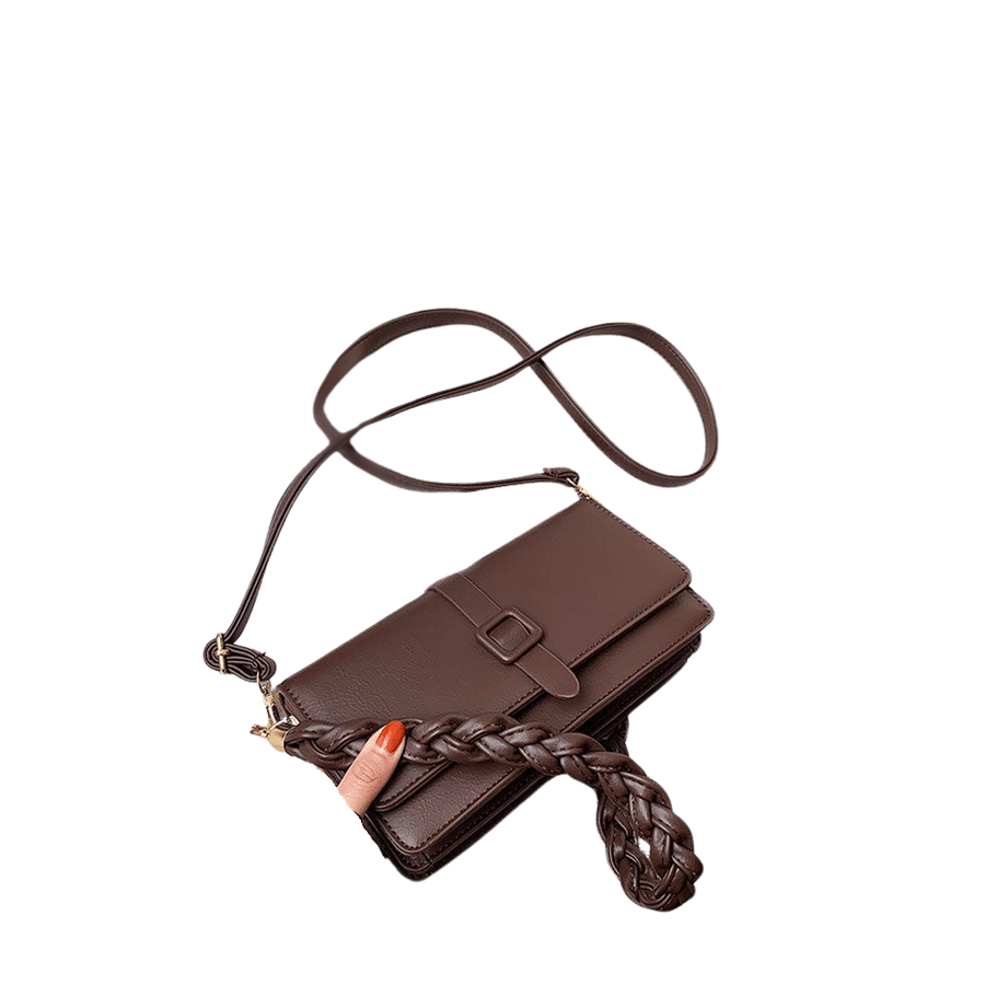 Brown ladies handbag with detachable weave handle and magnetic snap closure