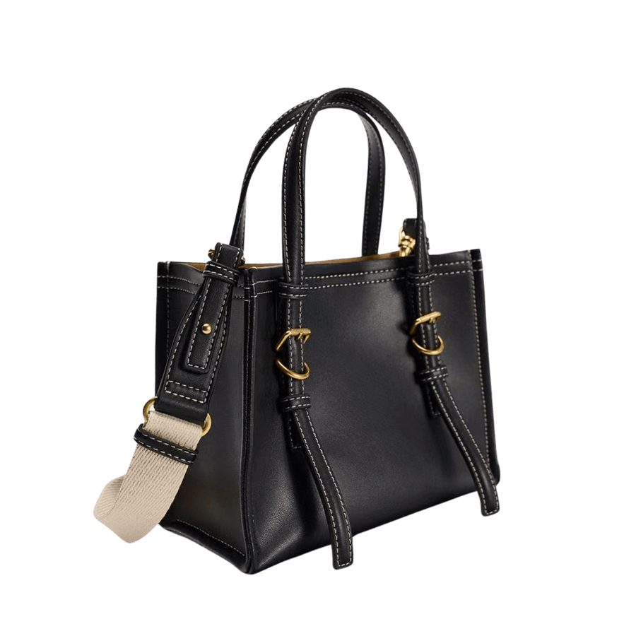 Black ladies tote bag with beige webbing shoulder strap and contrast stitching