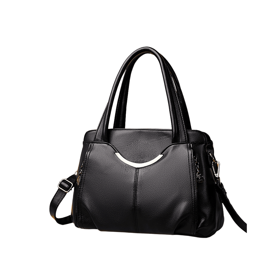 Black ladies handbag with metal edge on the  and middle stitching