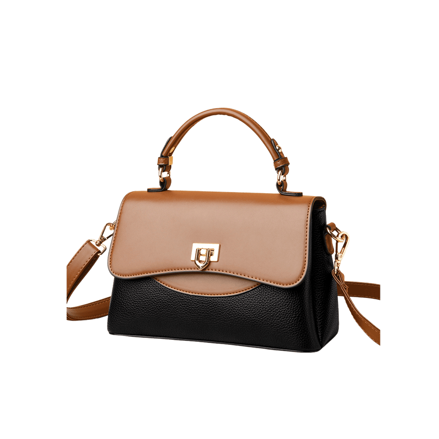 Black ladies handbag with brown trim PU and lock closure
