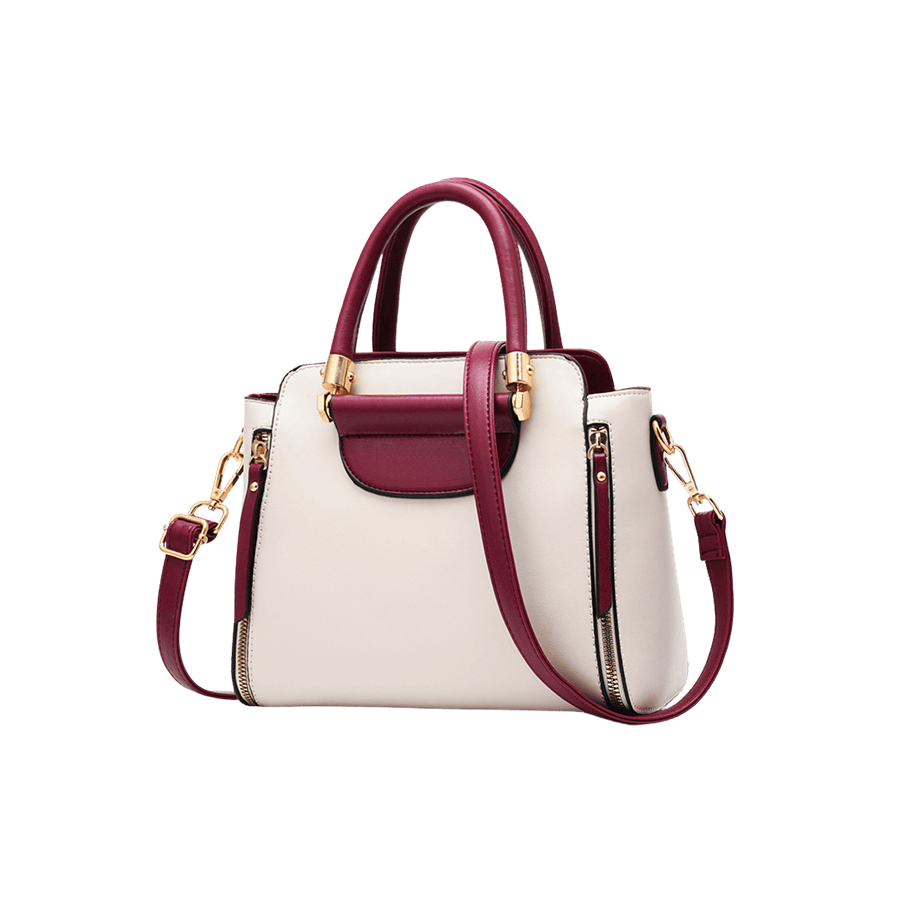 Burgundy ladies handbag with trim PU and metal bar on the handle