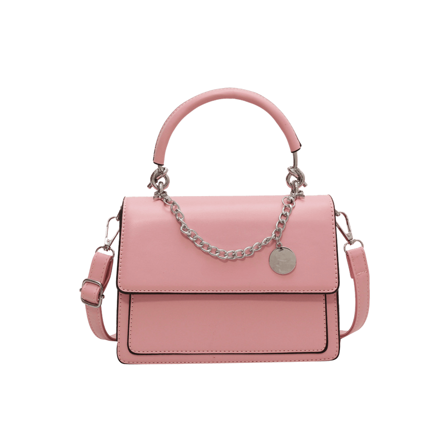 Pink ladies handbag with decorative chain and contrast edge painting
