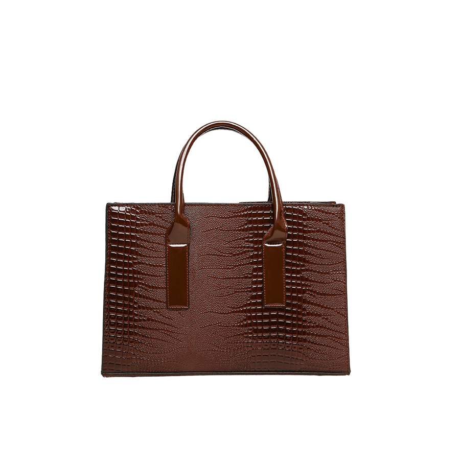 Brown croco PU ladies tote bag with brown patent PU and contrast edge painting