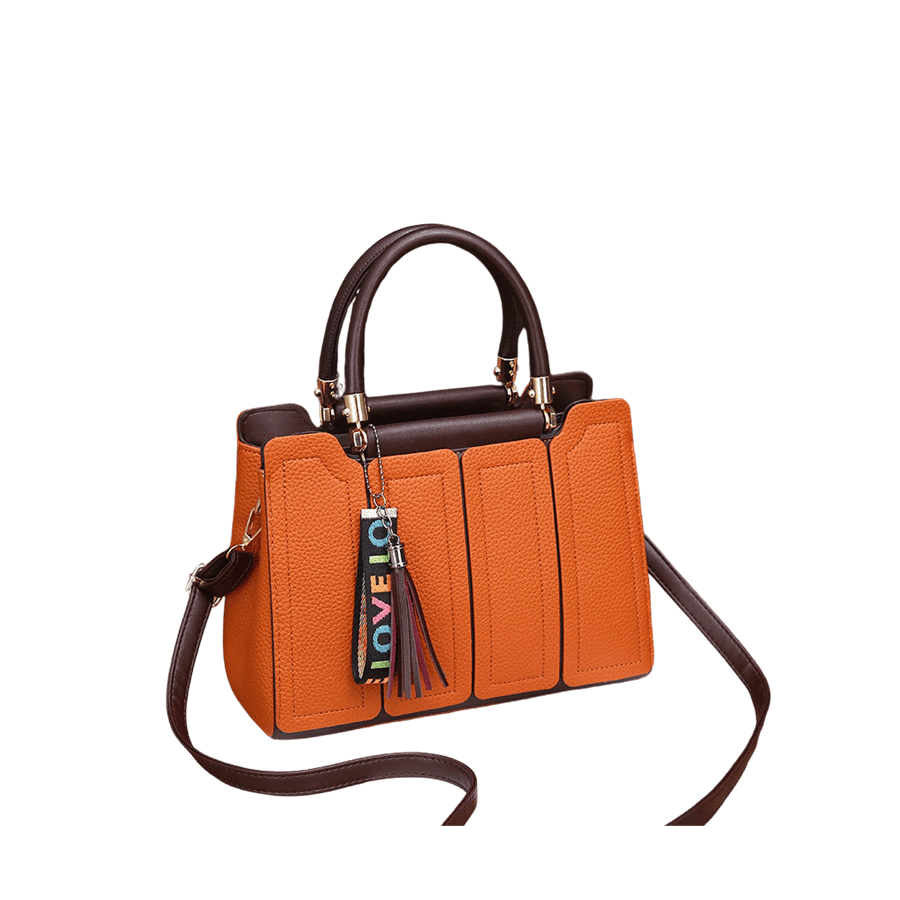 Orange splicing PU ladies handbag with tassel hangtag and brown trim PU