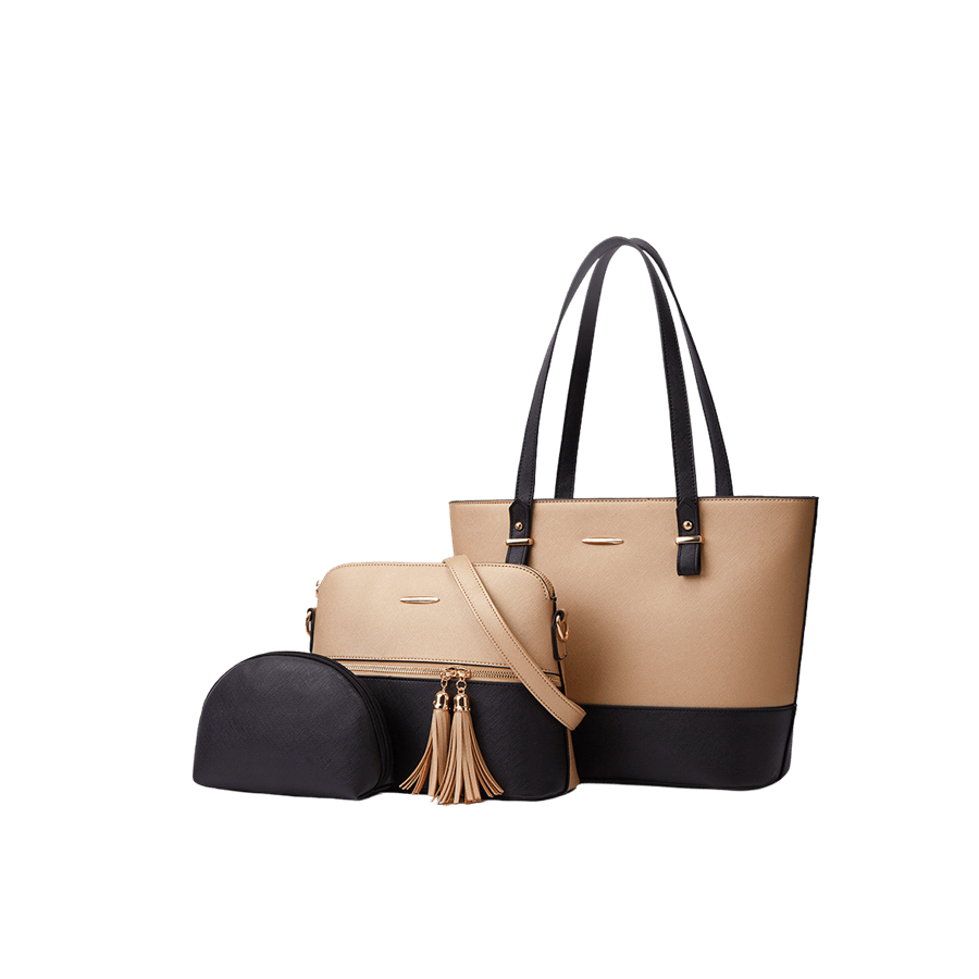 Black ladies handbag sets with metal plate and camel trim PU