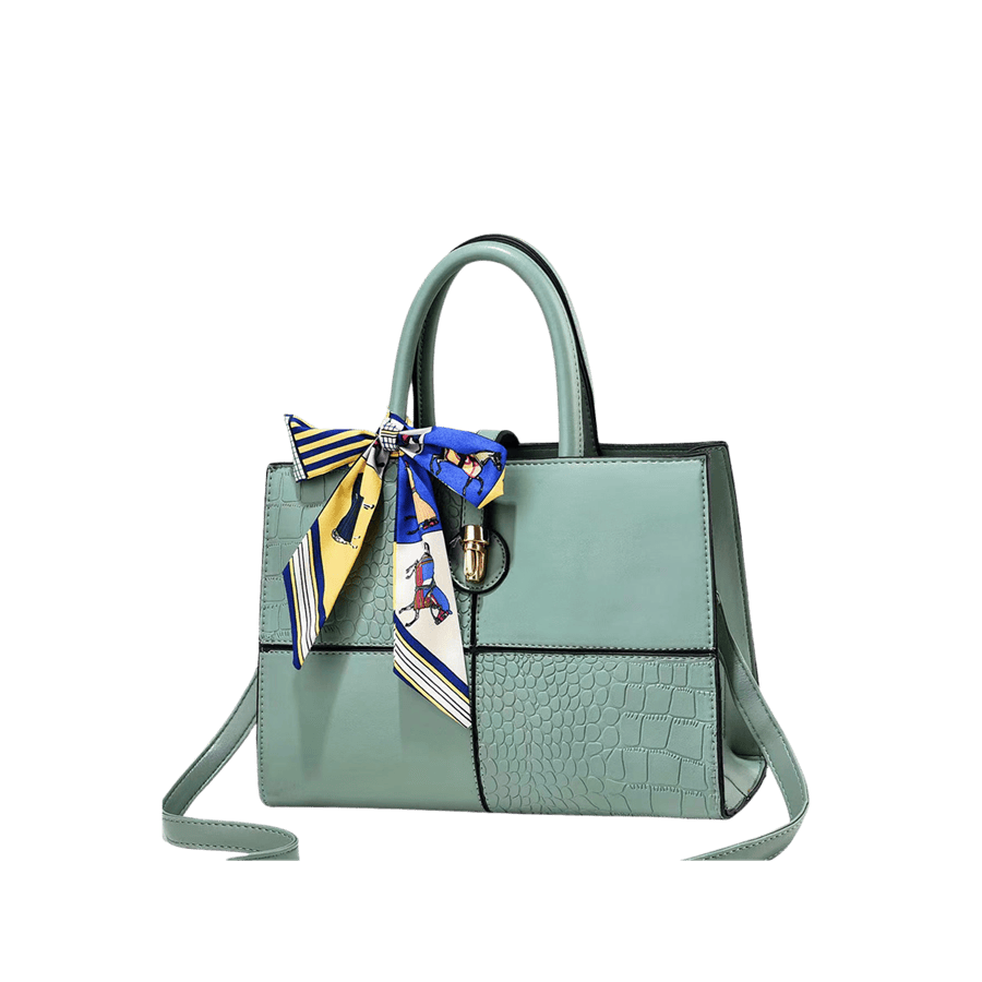 Green splicing PU ladies tote bag with decorative scarf and lock closure