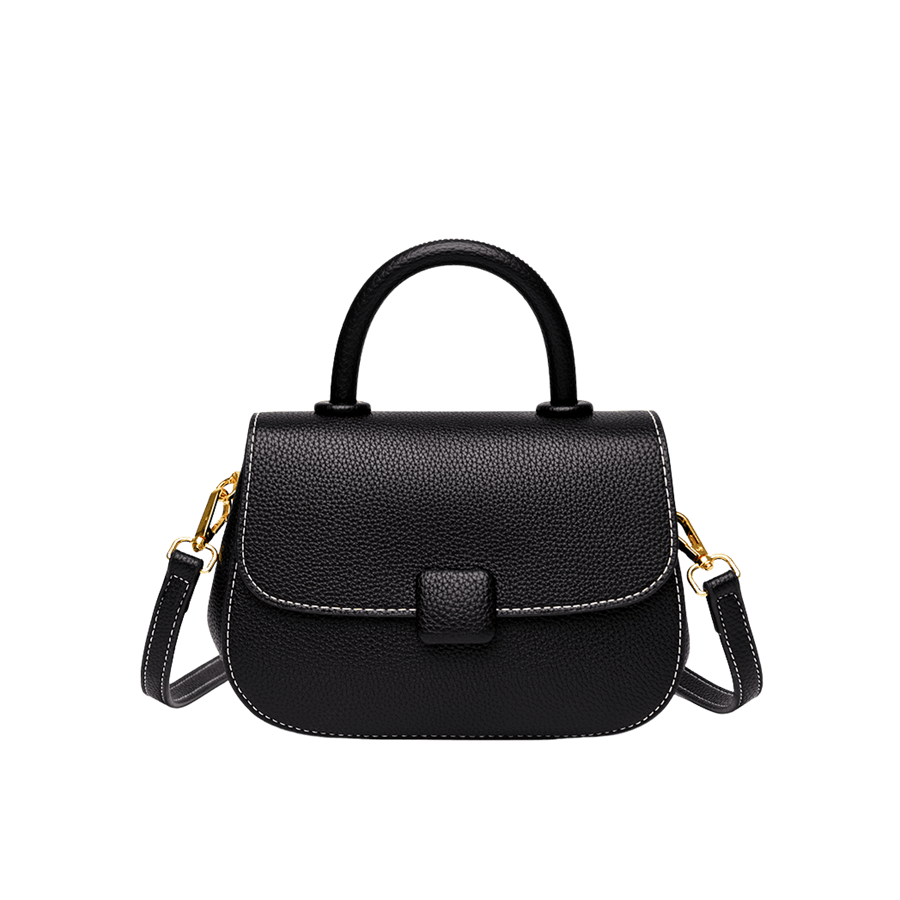 Black pebble PU ladies handbag with contrast stitching and PU plate