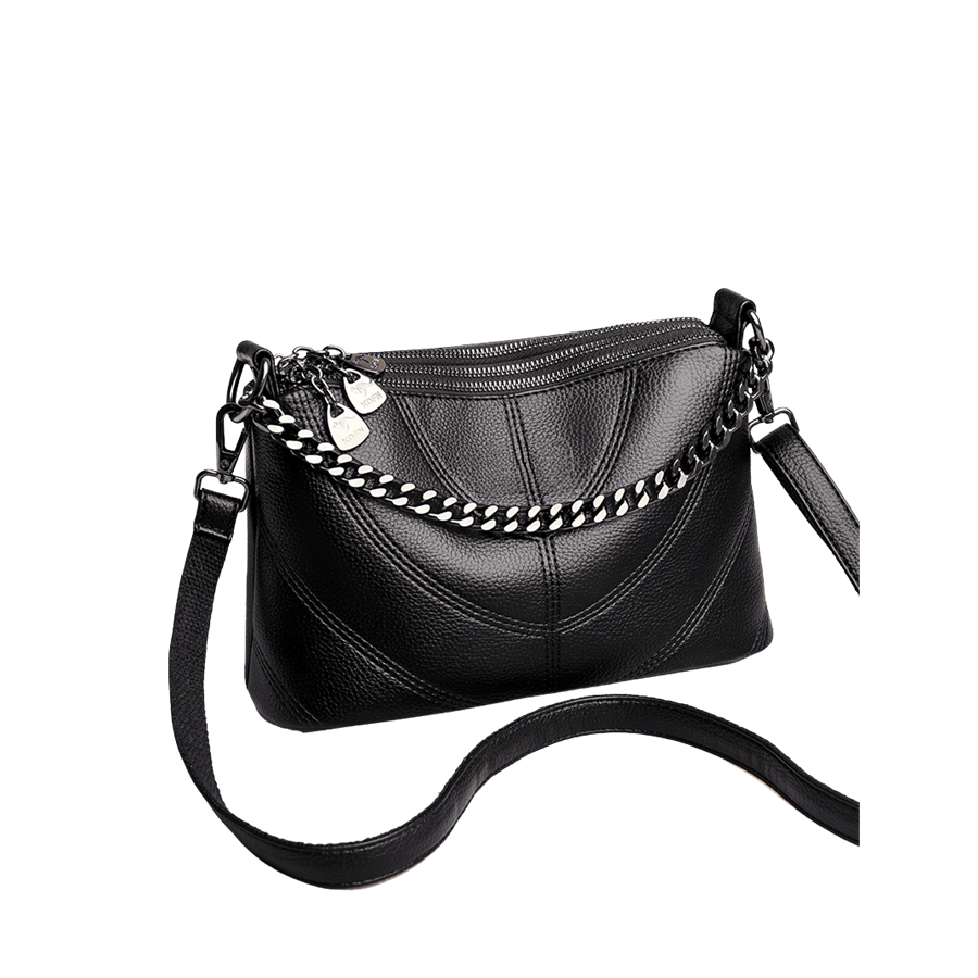 Black splicing ladies handbag with chain handle and decorative stitching
