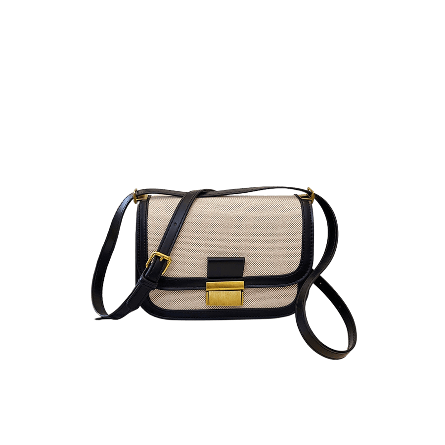 Beige canvas ladies crossbody bag with black trim PU and lock closure