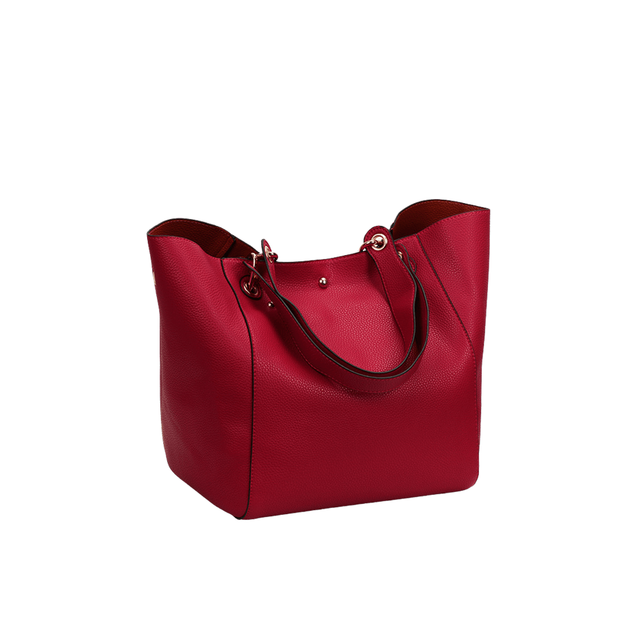 Red pebble PU ladies tote bag with magnetic snap closure and contrast edge painting