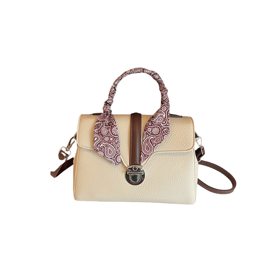 Beige ladies handbag with brown trim PU and decorative scarf on the handle