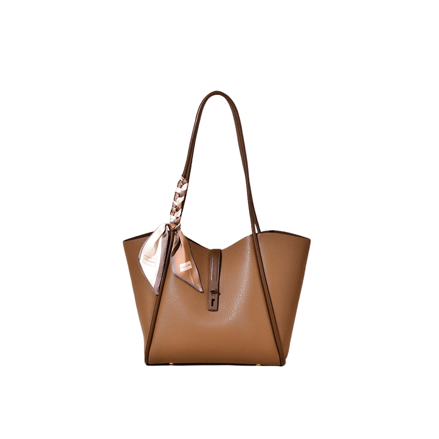 Camel ladies handbag with decorative scarf and brown trim PU