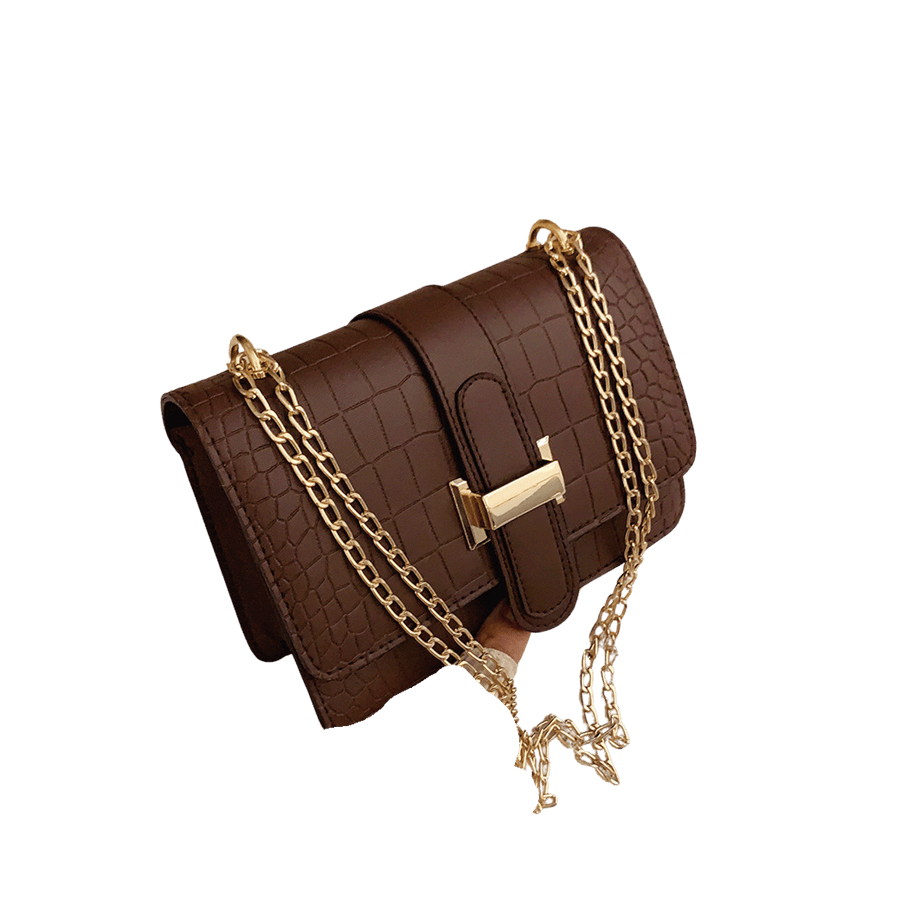 White croco PU ladies handbag with metal bridge on the flap and magnetic snap closure