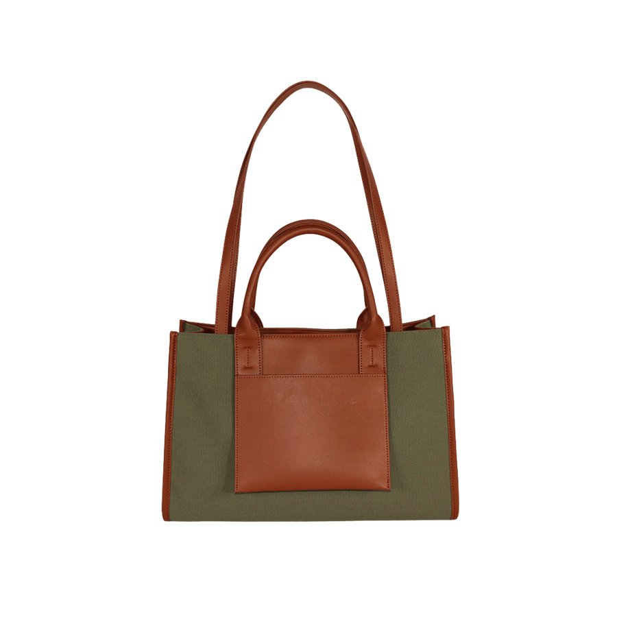 Green ladies tote bag with brown trim PU and double handles