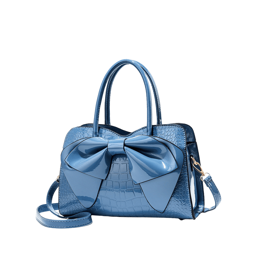 Blue croco PU ladies handbag with blue patent trim PU and big bowknot on the front