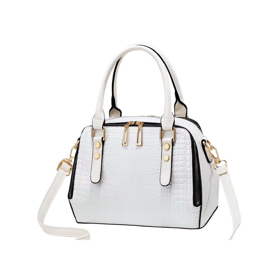 White croco PU ladies handbag with flat studs on the handle and contrast edge painting