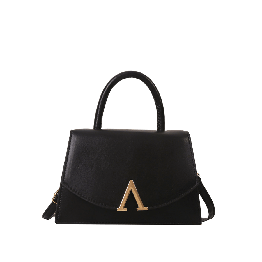 Black ladies handbag with V shape hardware on the flap and magnetic snap closure