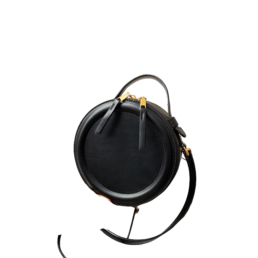 Black round ladies handbag with double zipper puller and decorative bombe