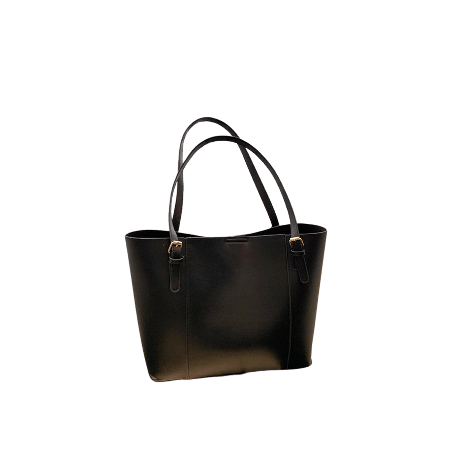 Black ladies tote bag with adjustable handle and magnetic snap closure