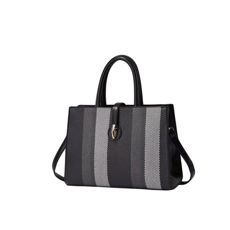 Black twill ladies handbag with black trim PU and lock closure