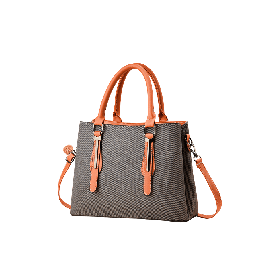Grey twill ladies handbag with orange trim PU and metal tab of the handle